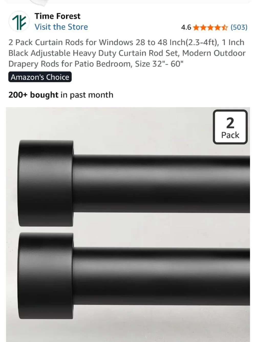 Time Forest Adjustable Curtain Rods 28-48 Inch Black 2 Pack